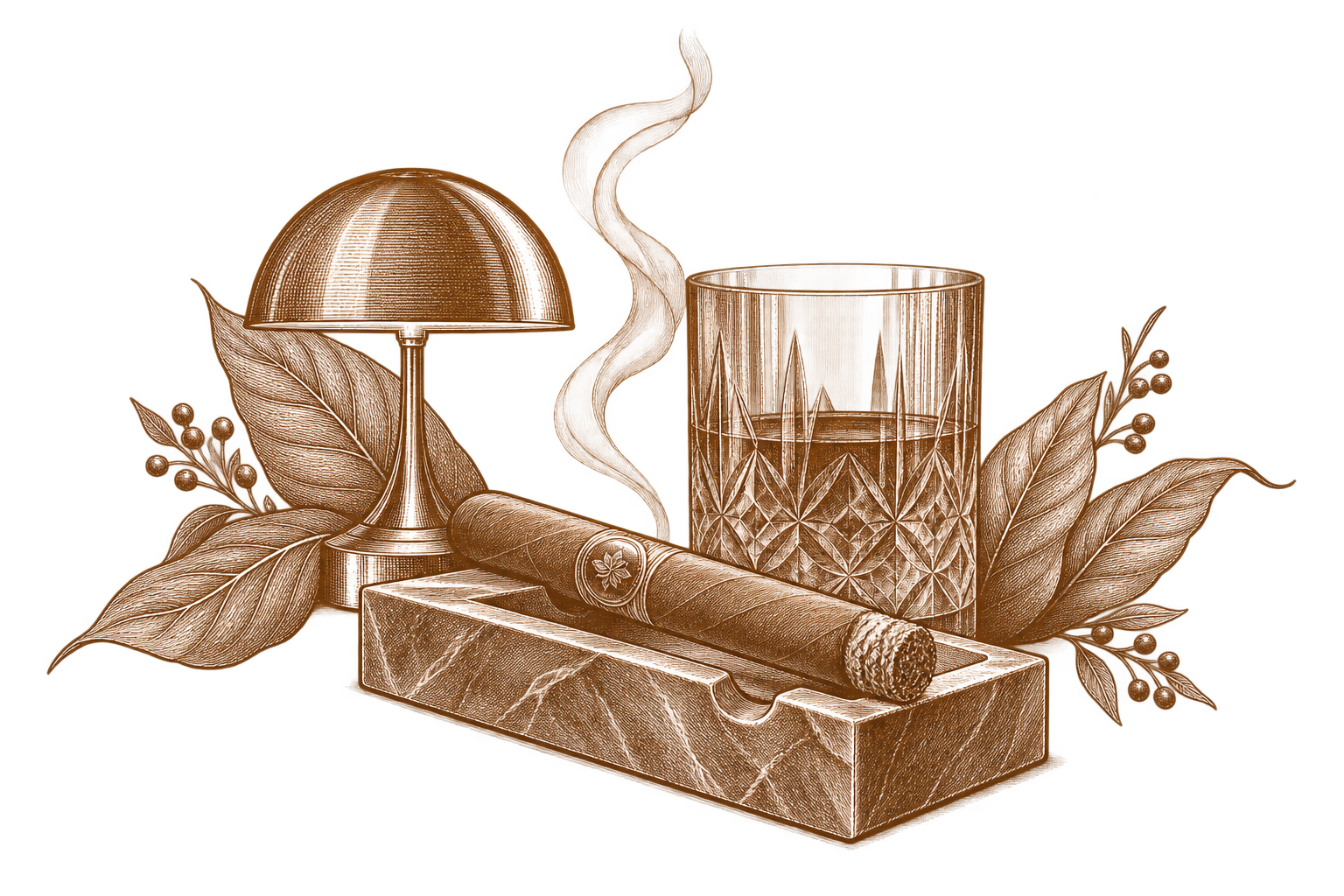 Ilustración de una experiencia de Buenos Humos con puro, copa y elementos de sobremesa