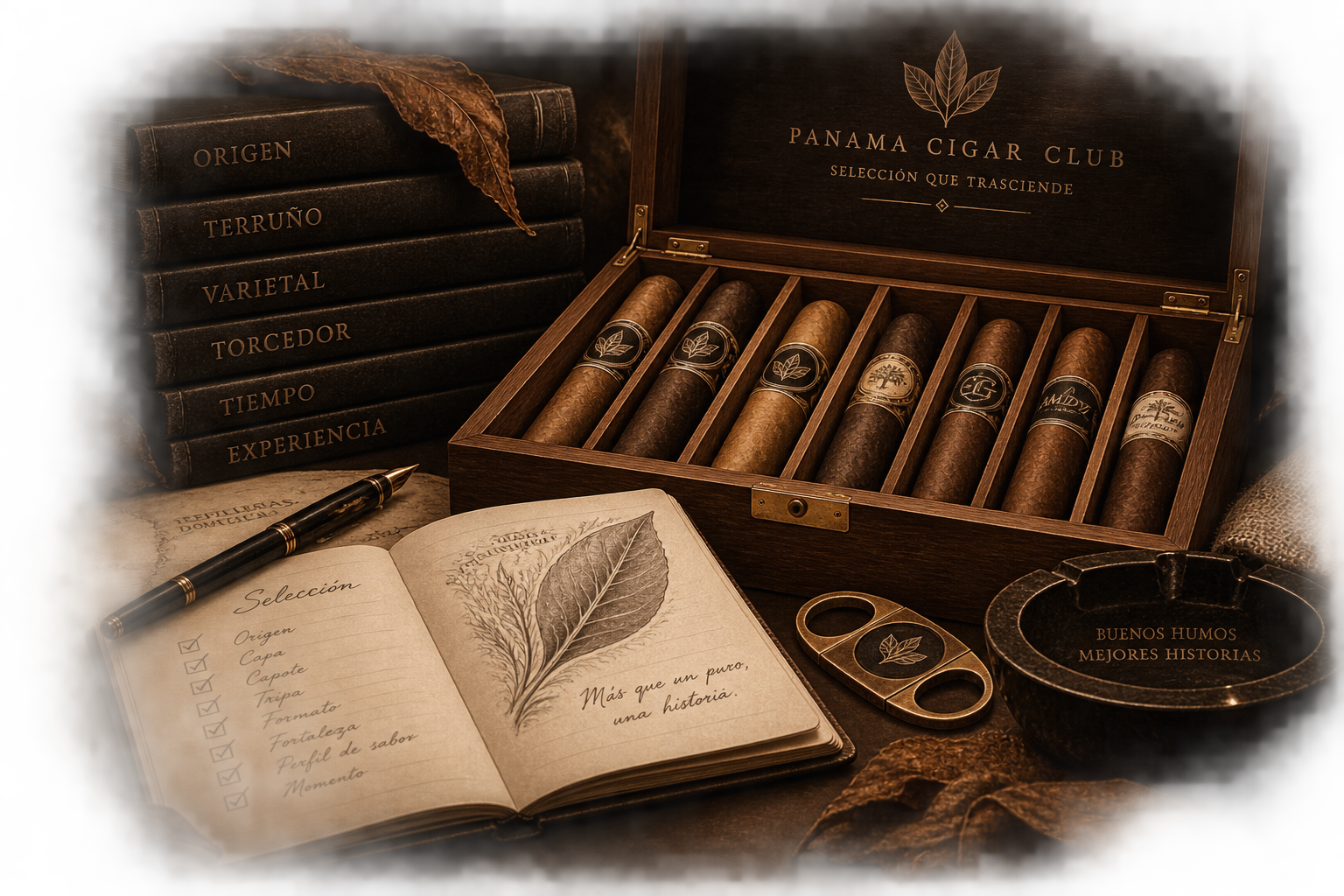 Composición editorial sobre la selección y curaduría de puros del Vitolario de Panama Cigar Club
